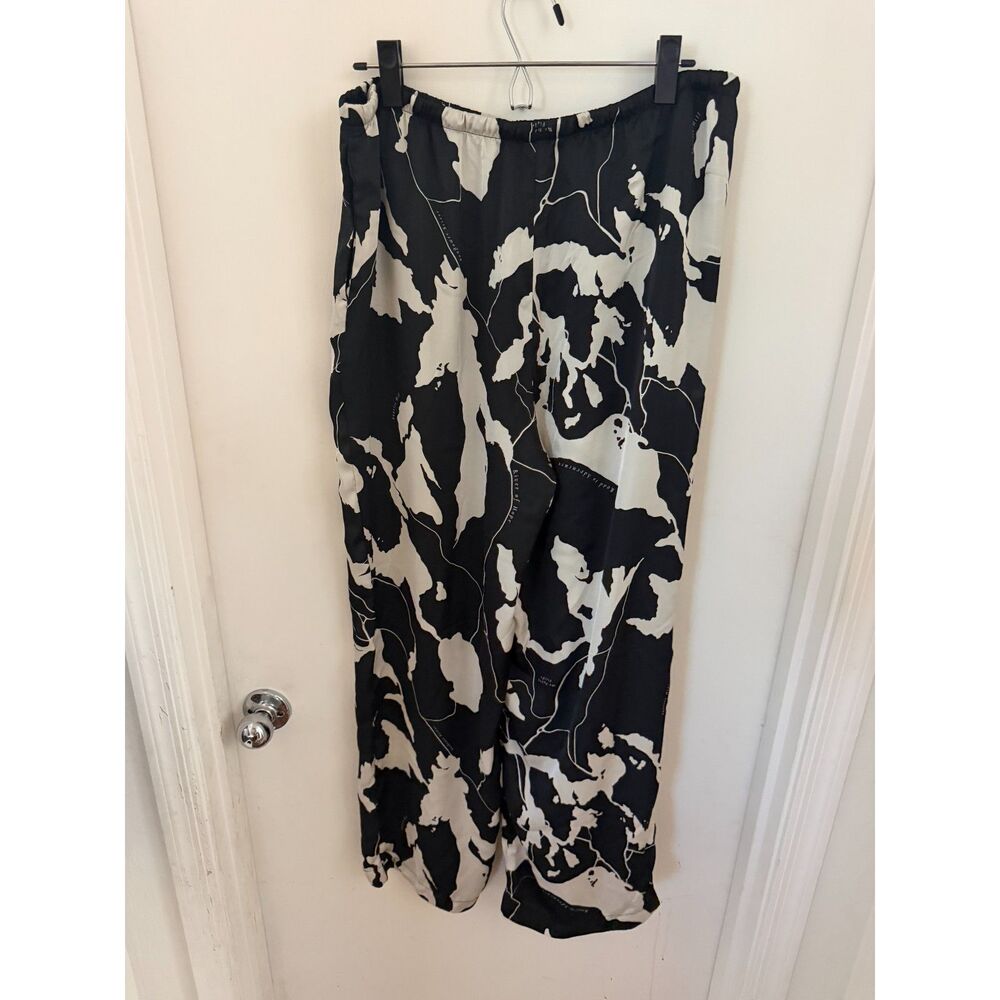 H&M Black & White Abstract Map Print Wide Leg Satin Pull-On Pants Size L